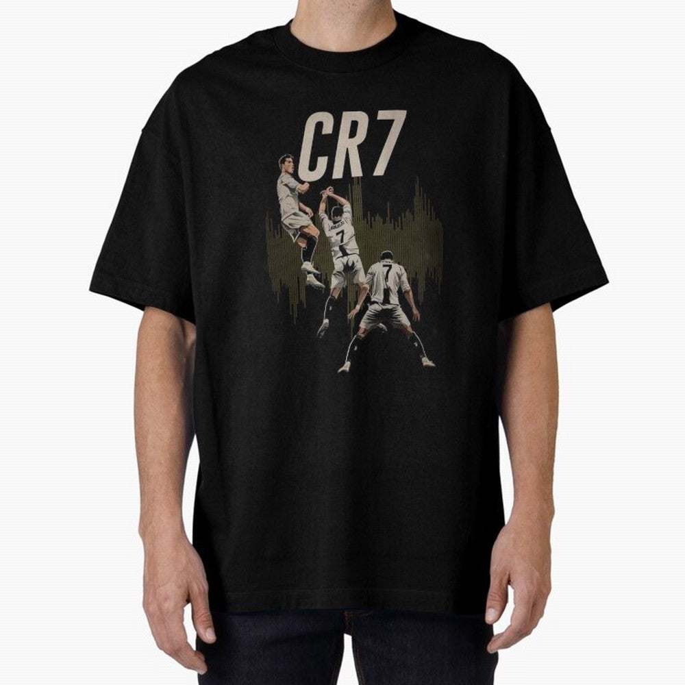 Illustration Ronaldo Design Oversized T-Shirt Represent the FIFA World Cup 2026 Group Stage Journey through Mbappe Highlights, Spain Pride, Retro Football Energy, Iconic Rivalries, Trophy Chase Drama and Stadium Atmosphere; Ideal for Football Dads,