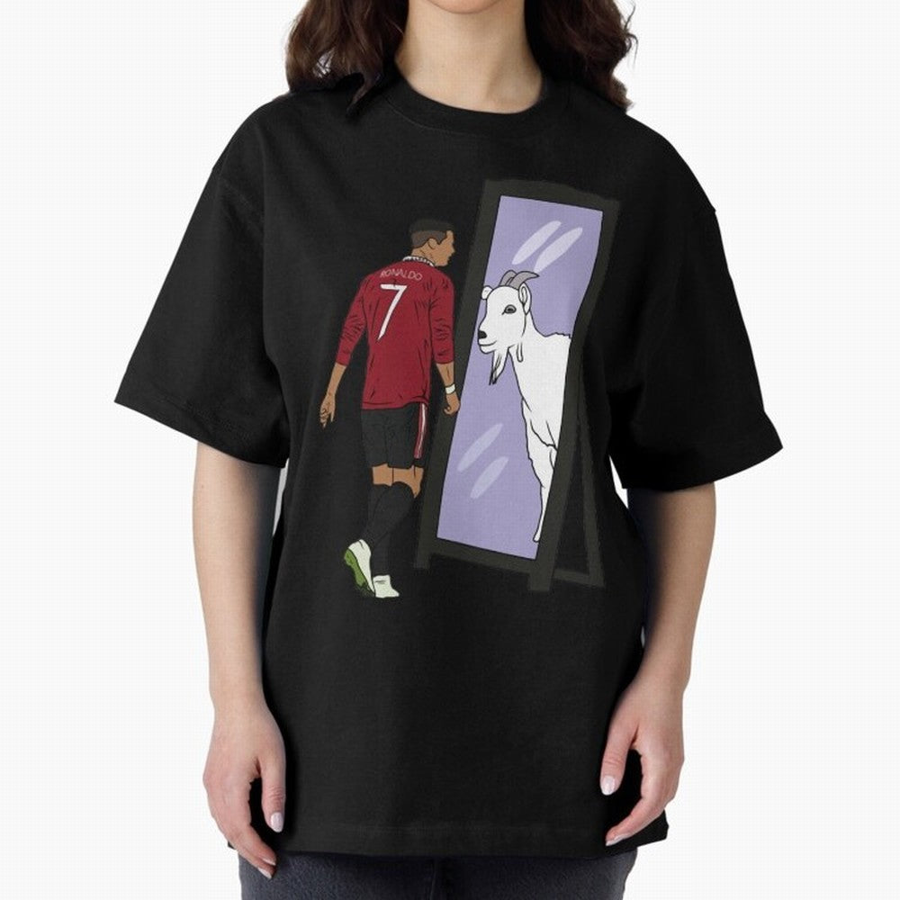 Cristiano Ronaldo Mirror GOAT Oversized T-Shirt Enjoy the Biggest Football Party of Global Football Passion for FIFA World Cup 2026 Group Stage, Celebrating CR7 and Messi, Argentina, France and Brazil, Classic Soccer Heritage, Championship