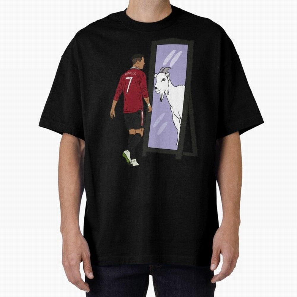 Cristiano Ronaldo Mirror GOAT Oversized T-Shirt Enjoy the Biggest Football Party of Global Football Passion for FIFA World Cup 2026 Group Stage, Celebrating CR7 and Messi, Argentina, France and Brazil, Classic Soccer Heritage, Championship