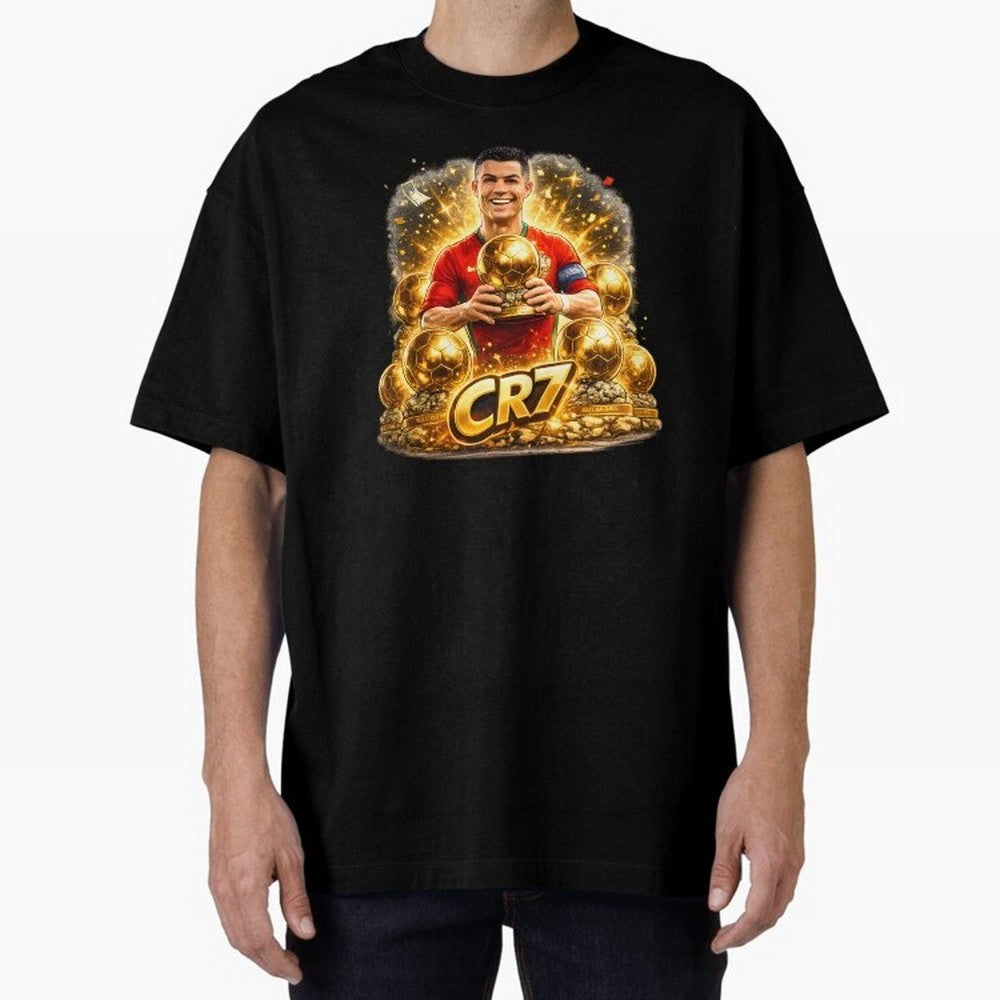 CR7 Five Ballon d'Or Trophies Cartoon ¨C Football Legend Illustration Oversized T-Shirt Discover FIFA World Cup 2026 USA Canada Mexico Spirit, Featuring Germany, Messi and Cristiano Ronaldo, Stadium Chants, National Pride, Trophy Dreams and