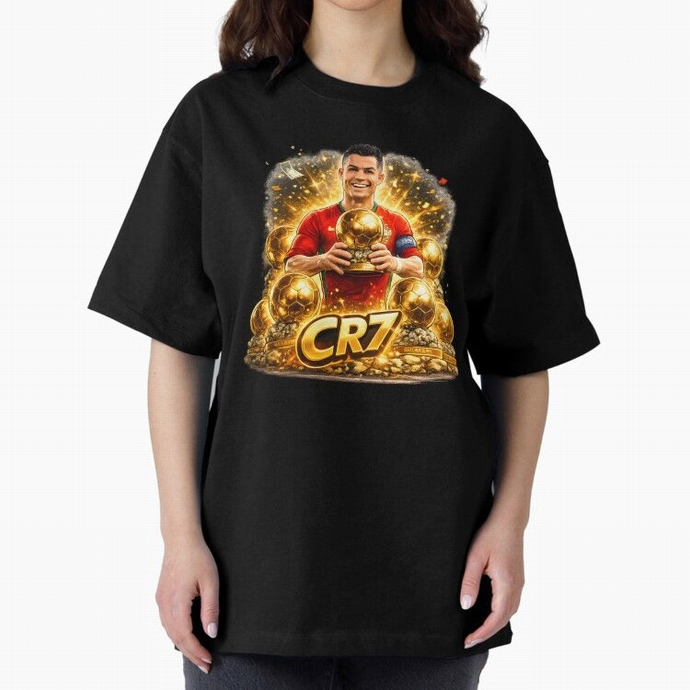CR7 Five Ballon d'Or Trophies Cartoon ¨C Football Legend Illustration Oversized T-Shirt Discover FIFA World Cup 2026 USA Canada Mexico Spirit, Featuring Germany, Messi and Cristiano Ronaldo, Stadium Chants, National Pride, Trophy Dreams and