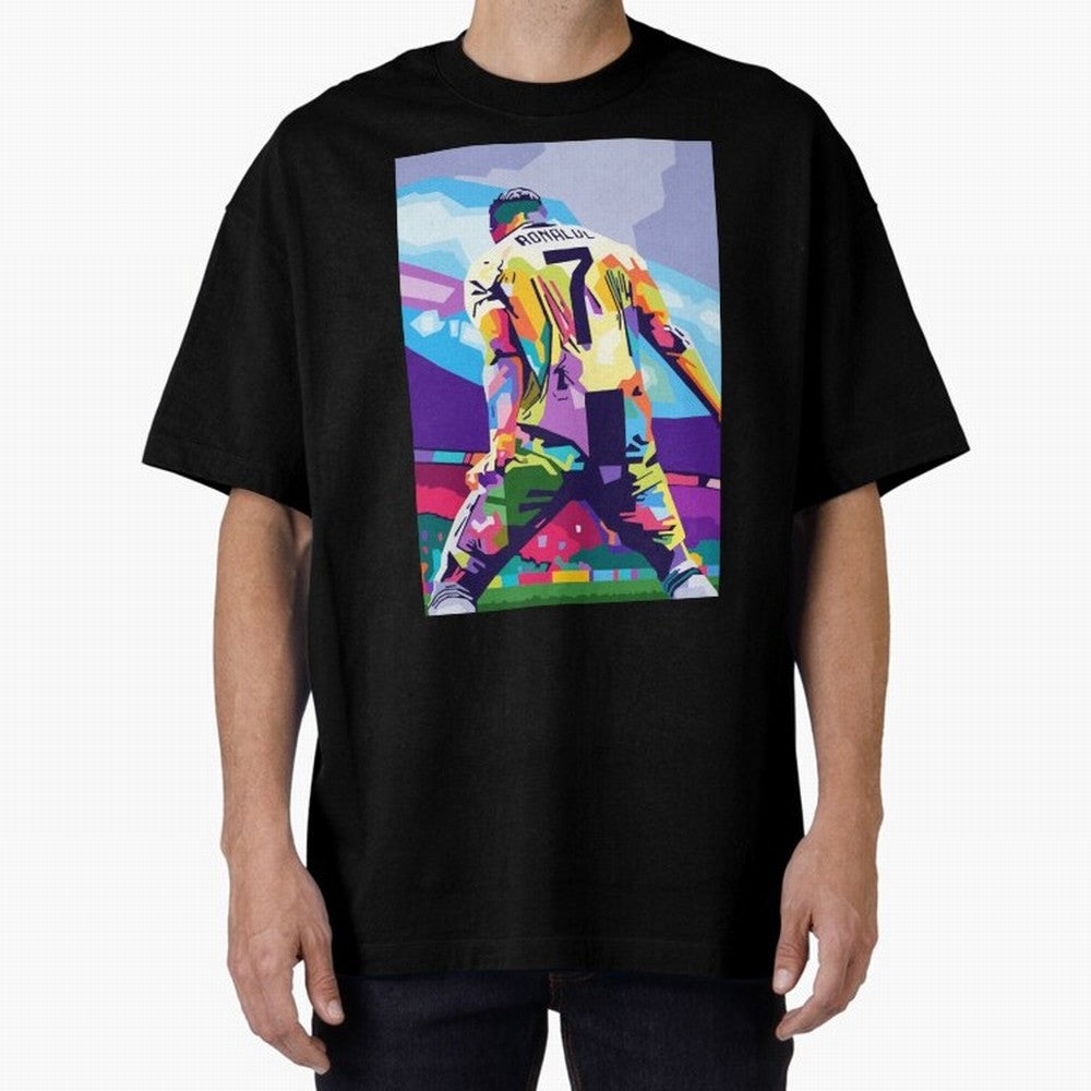 Cristiano Ronaldo Celebration Wpap Pop Art Oversized T-Shirt Turn Up for Global Football Passion for FIFA World Cup 2026 Group Stage, Filled with Cristiano Ronaldo, Spain and Netherlands, Worldwide Fan Energy, Dramatic Goals, Stadium Lights and
