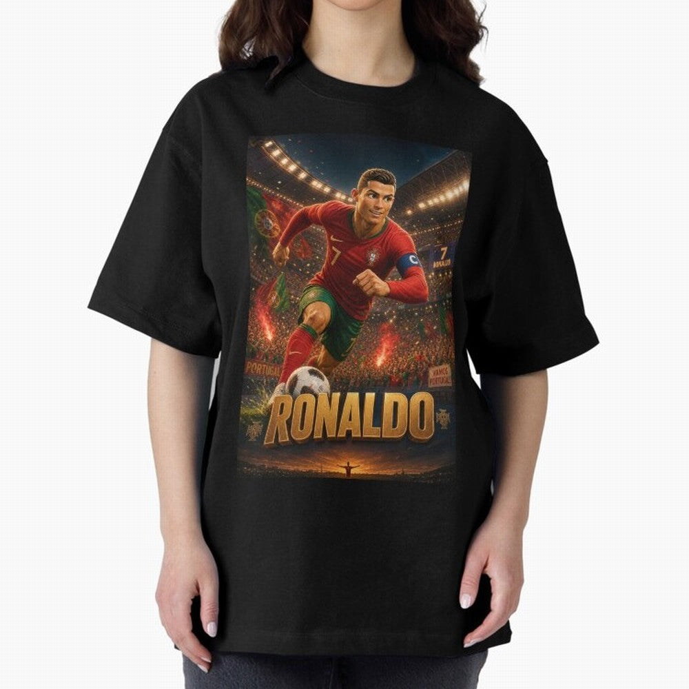 Ronaldo Oversized T-Shirt Capture the FIFA World Cup 2026 Group Stage Journey through CR7 Highlights, Portugal, Spain and Germany Pride, Vintage Soccer Flavor, Modern Football Stars, National Flags and Final Night Emotion; Made for Die Hard