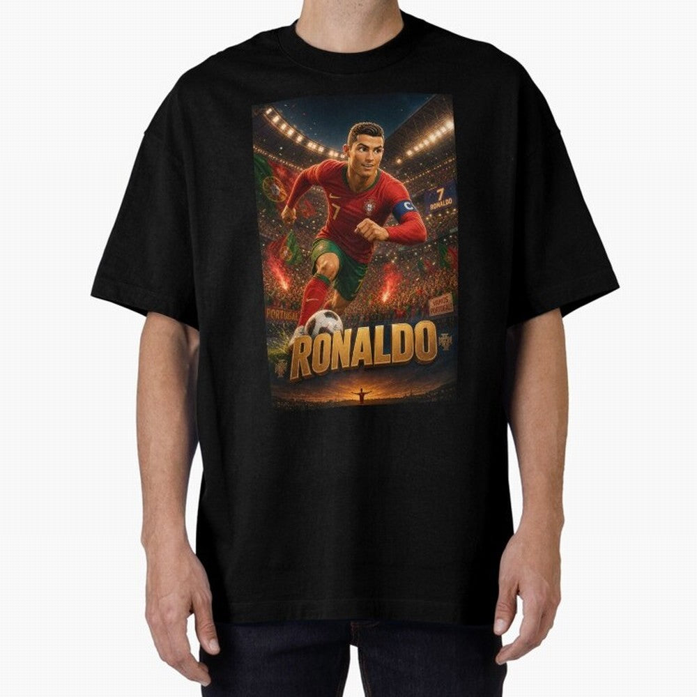 Ronaldo Oversized T-Shirt Capture the FIFA World Cup 2026 Group Stage Journey through CR7 Highlights, Portugal, Spain and Germany Pride, Vintage Soccer Flavor, Modern Football Stars, National Flags and Final Night Emotion; Made for Die Hard