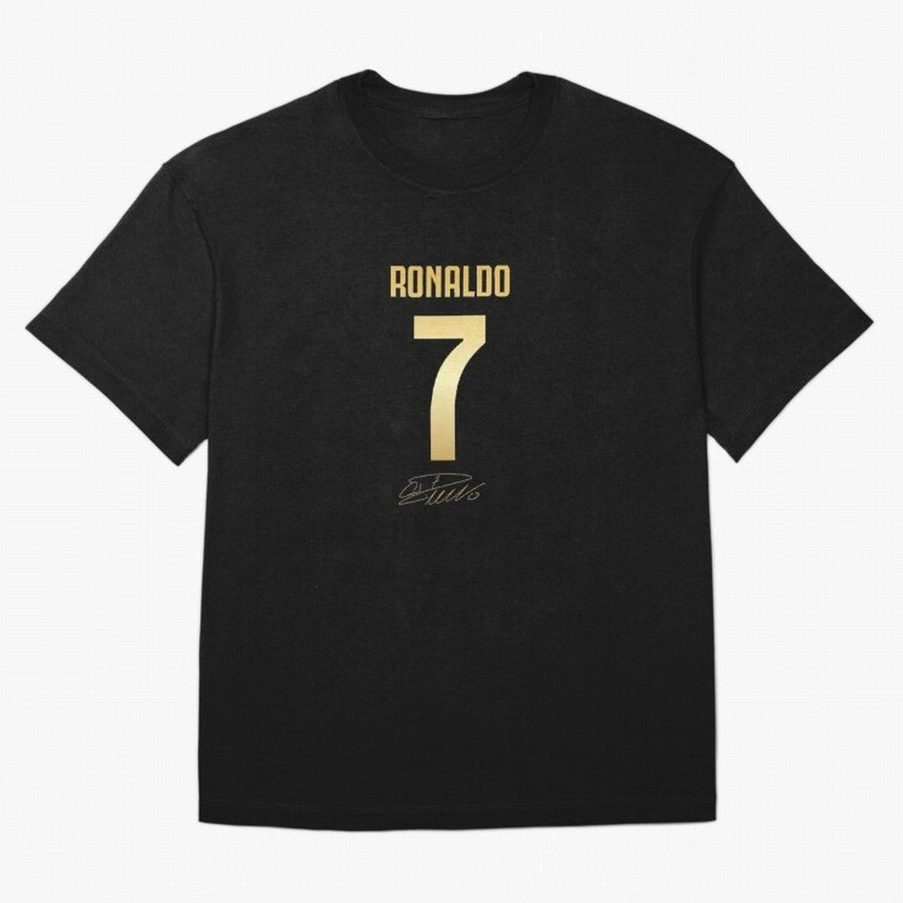 CR7 Cristiano Ronaldo Black And Gold Luxury Drawstring Bag Oversized T-Shirt Bring a Vintage Feel to the FIFA World Cup 2026 USA Canada Mexico Journey through Messi and Cristiano Ronaldo Highlights, Portugal Pride, Sports Nostalgia, International