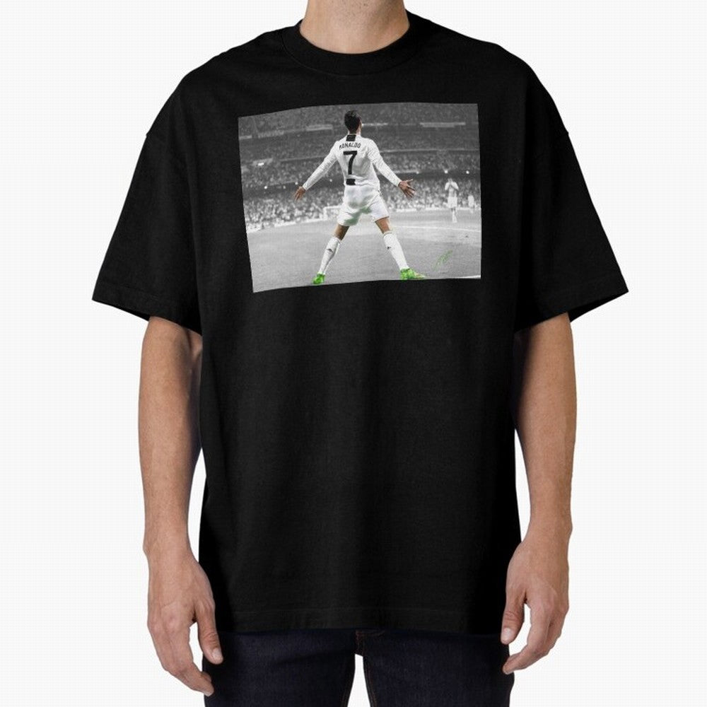 Cristiano Ronaldo Oversized T-Shirt Spotlight Global Football Passion for FIFA World Cup 2026 USA Canada Mexico, Connected to CR7 and Messi, Portugal, Supporter Pride, Iconic Celebrations, Legendary Names and Global Match Day Energy; Ideal for Fans