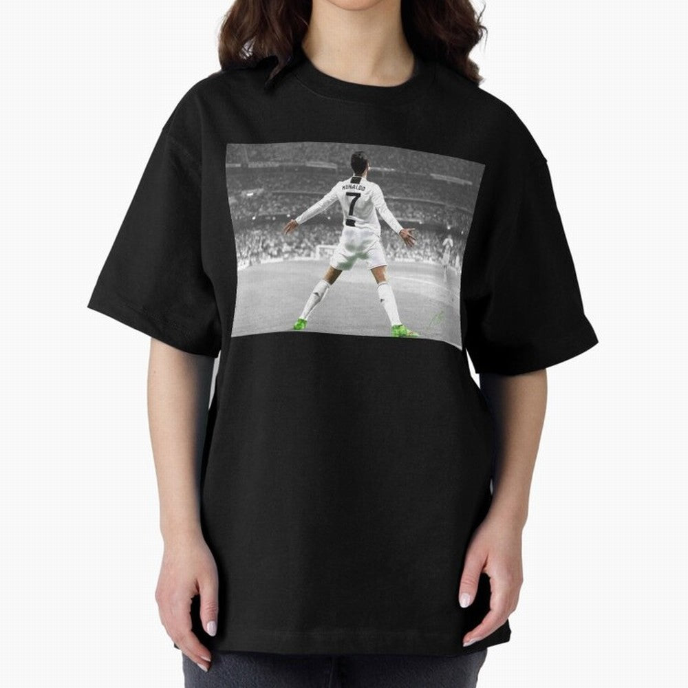 Cristiano Ronaldo Oversized T-Shirt Spotlight Global Football Passion for FIFA World Cup 2026 USA Canada Mexico, Connected to CR7 and Messi, Portugal, Supporter Pride, Iconic Celebrations, Legendary Names and Global Match Day Energy; Ideal for Fans
