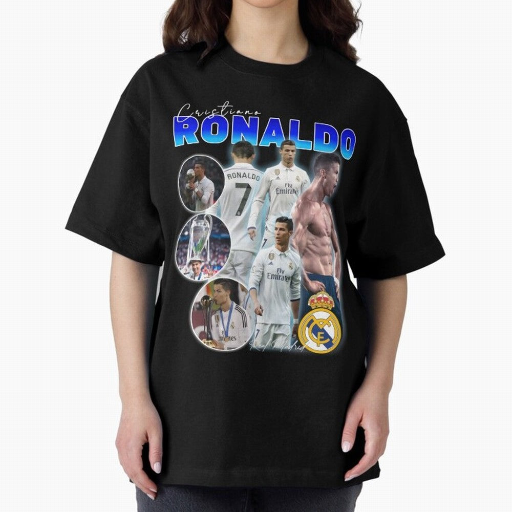 Cristiano Ronaldo Bootleg Oversized T-Shirt Bring a Vintage Feel to the FIFA World Cup 2026 Group Stage Journey through Haaland Highlights, Brazil Pride, Vintage Soccer Flavor, Modern Football Stars, National Flags and Final Night Emotion; Built