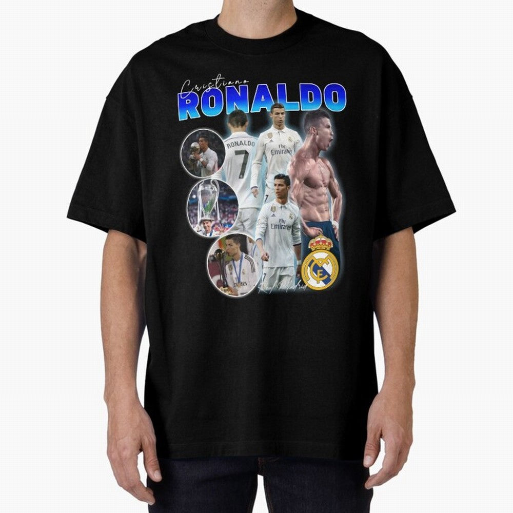 Cristiano Ronaldo Bootleg Oversized T-Shirt Bring a Vintage Feel to the FIFA World Cup 2026 Group Stage Journey through Haaland Highlights, Brazil Pride, Vintage Soccer Flavor, Modern Football Stars, National Flags and Final Night Emotion; Built