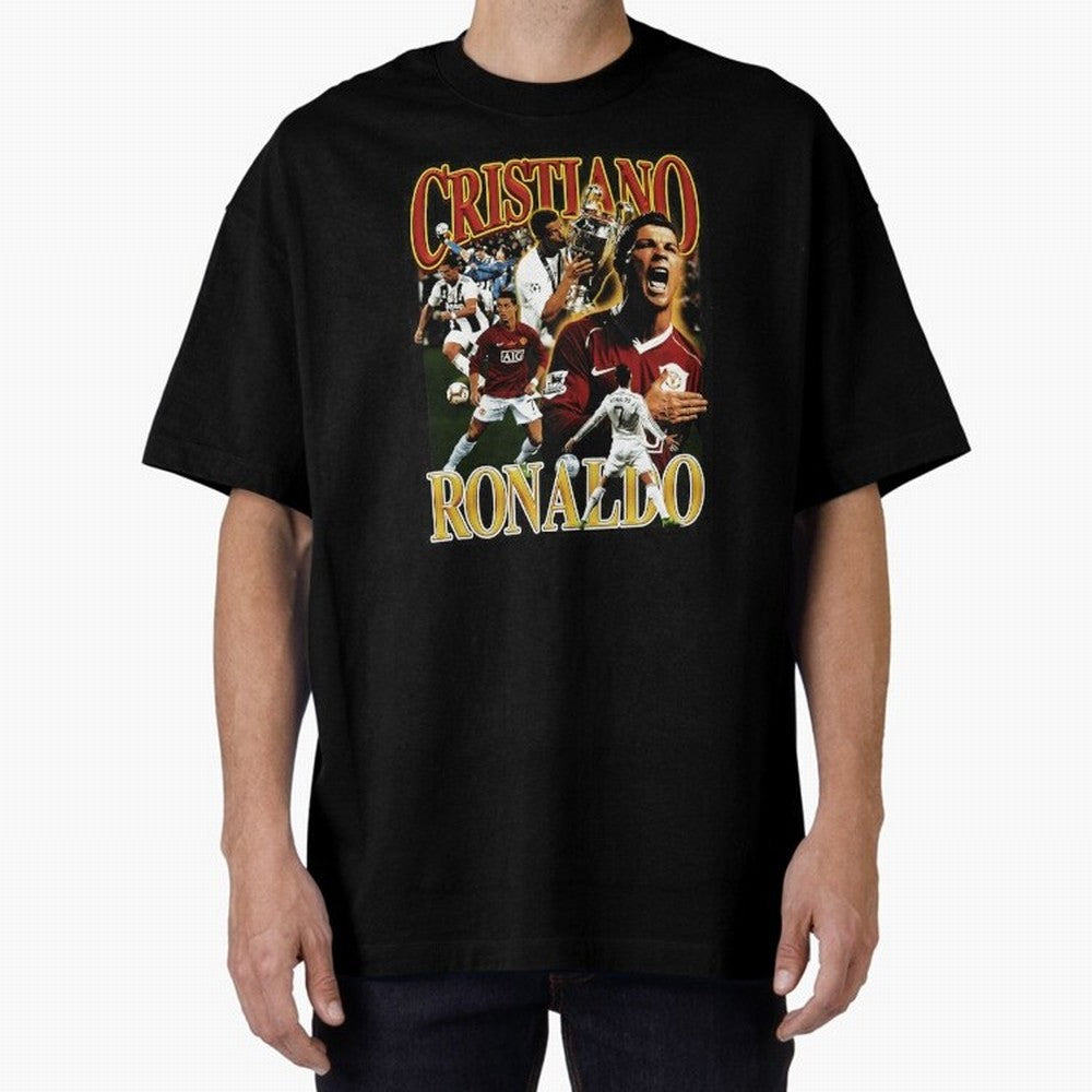 Cristiano Ronaldo Retro Collage Oversized T-Shirt Support the FIFA World Cup 2026 Journey through Cristiano Ronaldo, Haaland and CR7 Highlights, England, France and Netherlands Pride, Goal Celebration Energy, Supporter Heritage, Football Icons and