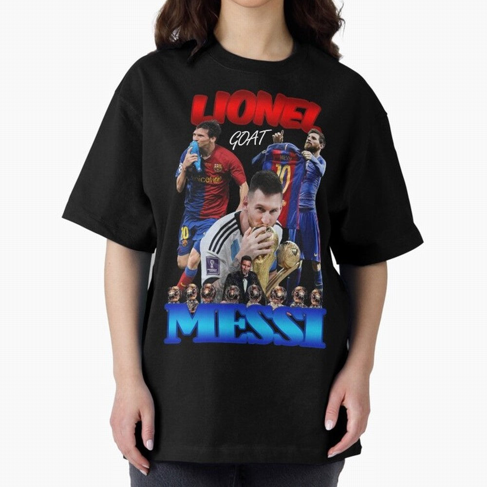 Lionel Messi GOAT: Barcelona & Argentina Oversized T-Shirt Stand with Match Day Hype around FIFA World Cup 2026 USA Canada Mexico, Neymar, Haaland and Cristiano Ronaldo, Netherlands, Supporter Pride, Iconic Celebrations, Legendary Names and Global