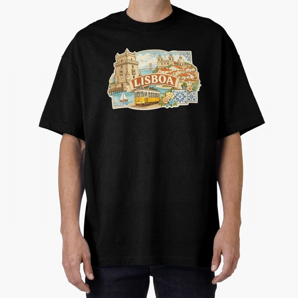 Vintage Tram Lisbon Illustration Oversized T-Shirt Support Your Favorite Stars during FIFA World Cup 2026 for Fans of Mbappe and Neymar and France and Portugal, Bringing Soccer Culture, Superstar Moments, National Team Dreams and Competitive Fire;