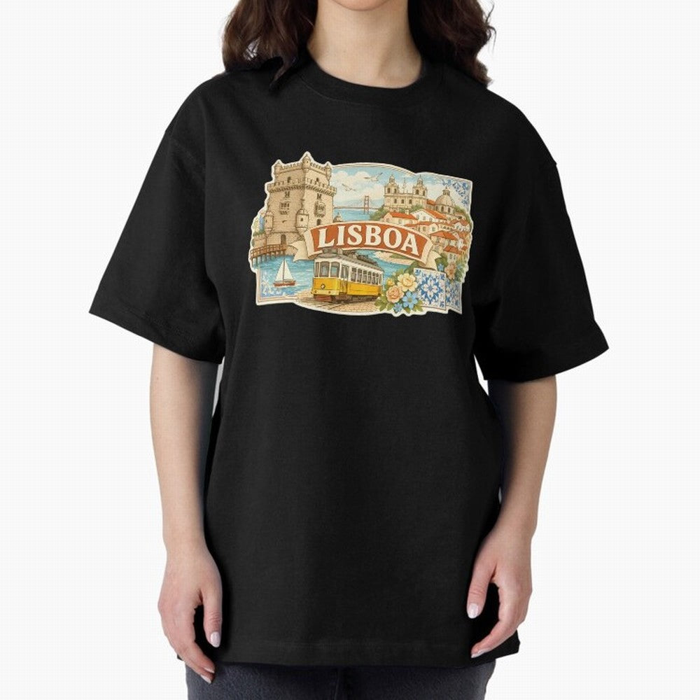 Vintage Tram Lisbon Illustration Oversized T-Shirt Support Your Favorite Stars during FIFA World Cup 2026 for Fans of Mbappe and Neymar and France and Portugal, Bringing Soccer Culture, Superstar Moments, National Team Dreams and Competitive Fire;
