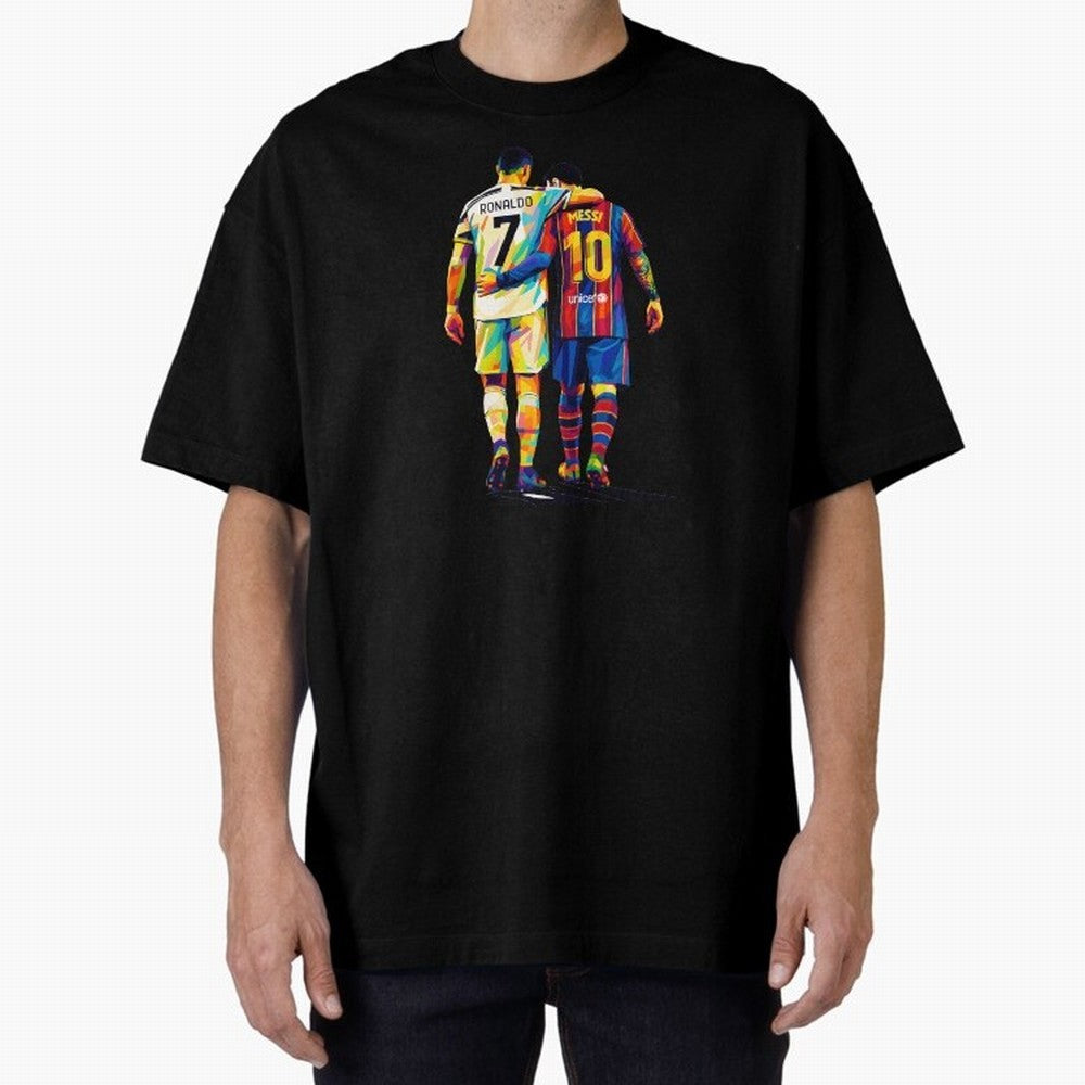 Cristiano Ronaldo And Messi Wpap Art Oversized T-Shirt Celebrate Unforgettable Nights in the FIFA World Cup 2026 Group Stage Journey through Messi, CR7 and Mbappe Highlights, England and Germany Pride, Goal Celebration Energy, Supporter Heritage,