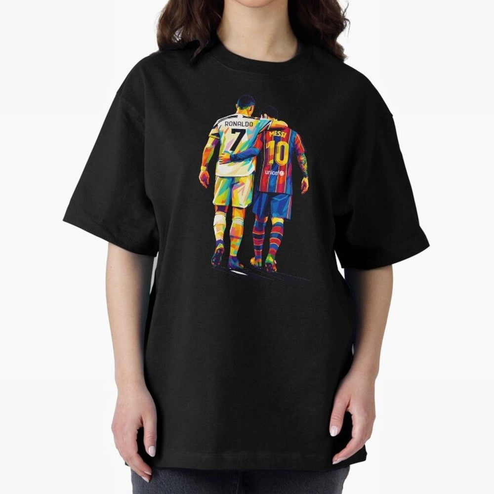 Cristiano Ronaldo And Messi Wpap Art Oversized T-Shirt Celebrate Unforgettable Nights in the FIFA World Cup 2026 Group Stage Journey through Messi, CR7 and Mbappe Highlights, England and Germany Pride, Goal Celebration Energy, Supporter Heritage,