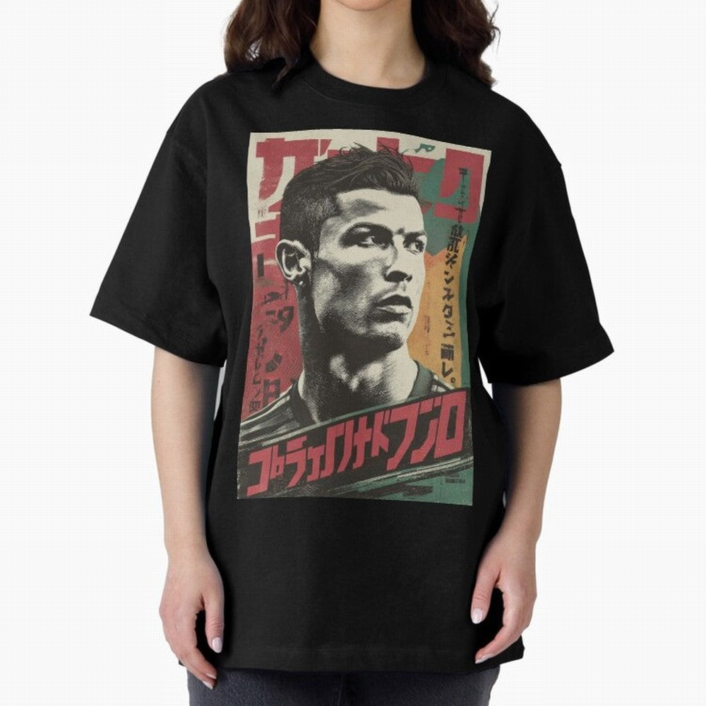 Cristiano Vintage Warned Japanese Poster Oversized T-Shirt Cheer through Every Moment of FIFA World Cup 2026 USA Canada Mexico for Fans of Messi, Neymar and Mbappe and Argentina, France and Brazil, Bringing Game Day Rituals, Football Legends,