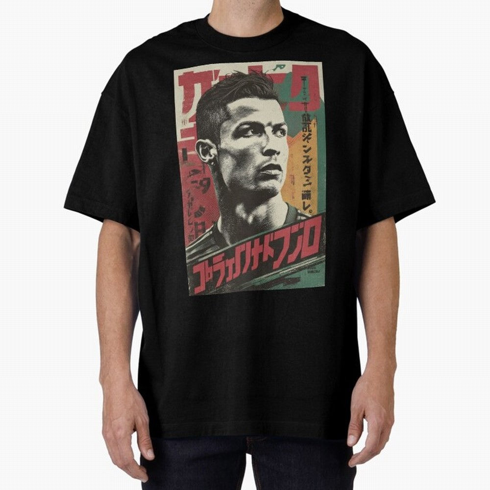 Cristiano Vintage Warned Japanese Poster Oversized T-Shirt Cheer through Every Moment of FIFA World Cup 2026 USA Canada Mexico for Fans of Messi, Neymar and Mbappe and Argentina, France and Brazil, Bringing Game Day Rituals, Football Legends,