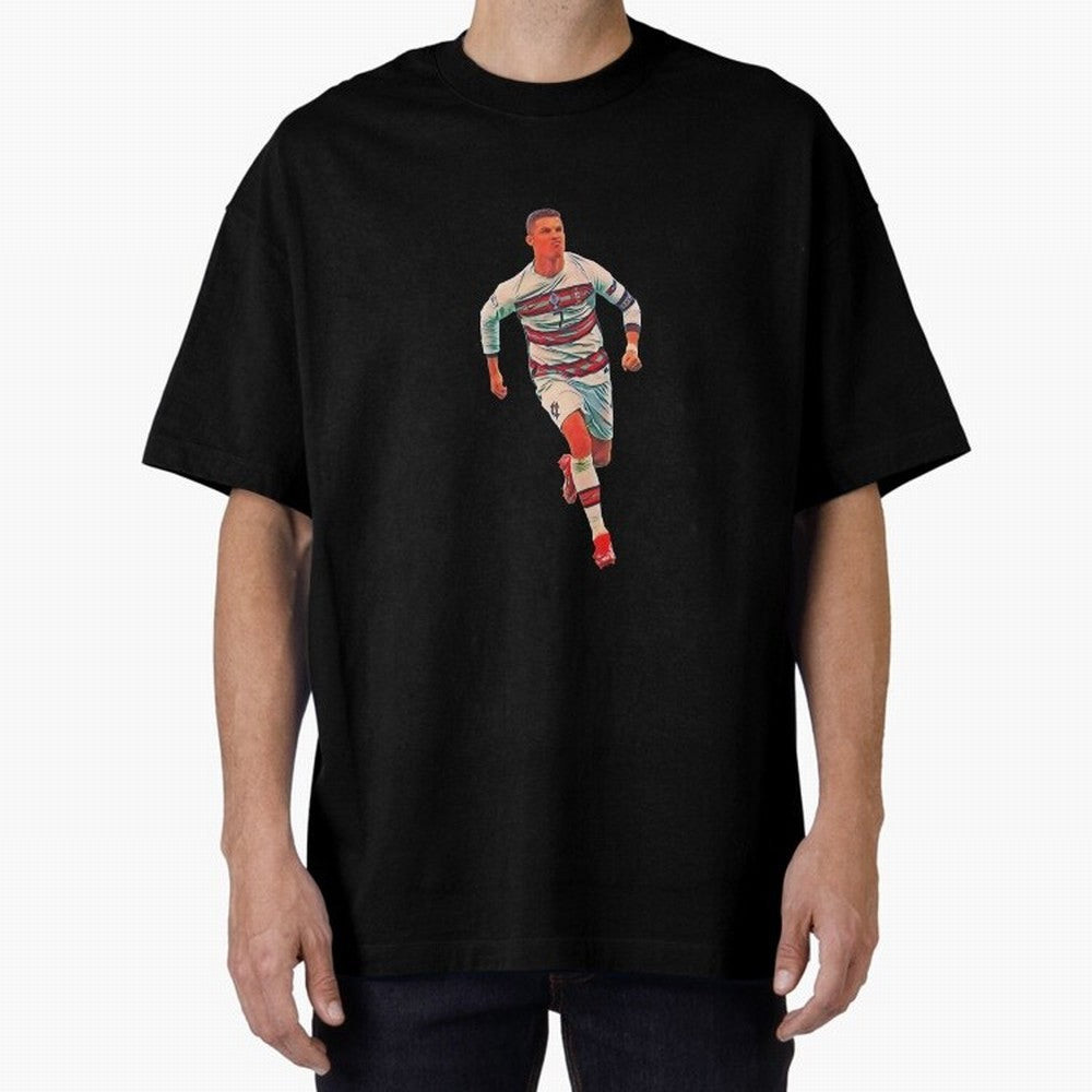 a gread celebration from the goat Oversized T-Shirt Keep Football History Alive during Global Football Passion for FIFA World Cup 2026 Group Stage, Capturing Cristiano Ronaldo, France, Match Day Excitement, Supporter Culture, Golden Goals and