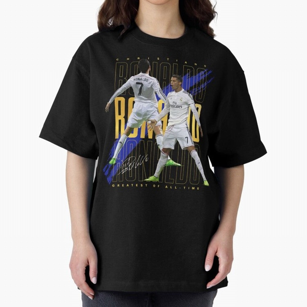 Cristiano Ronaldo Suuiii! Greatest Of All Time Oversized T-Shirt Honor Football Greatness during Global Football Passion for FIFA World Cup 2026 Group Stage, Highlighting Neymar, Portugal, Spain and Germany, Football Festival Excitement, Trophy