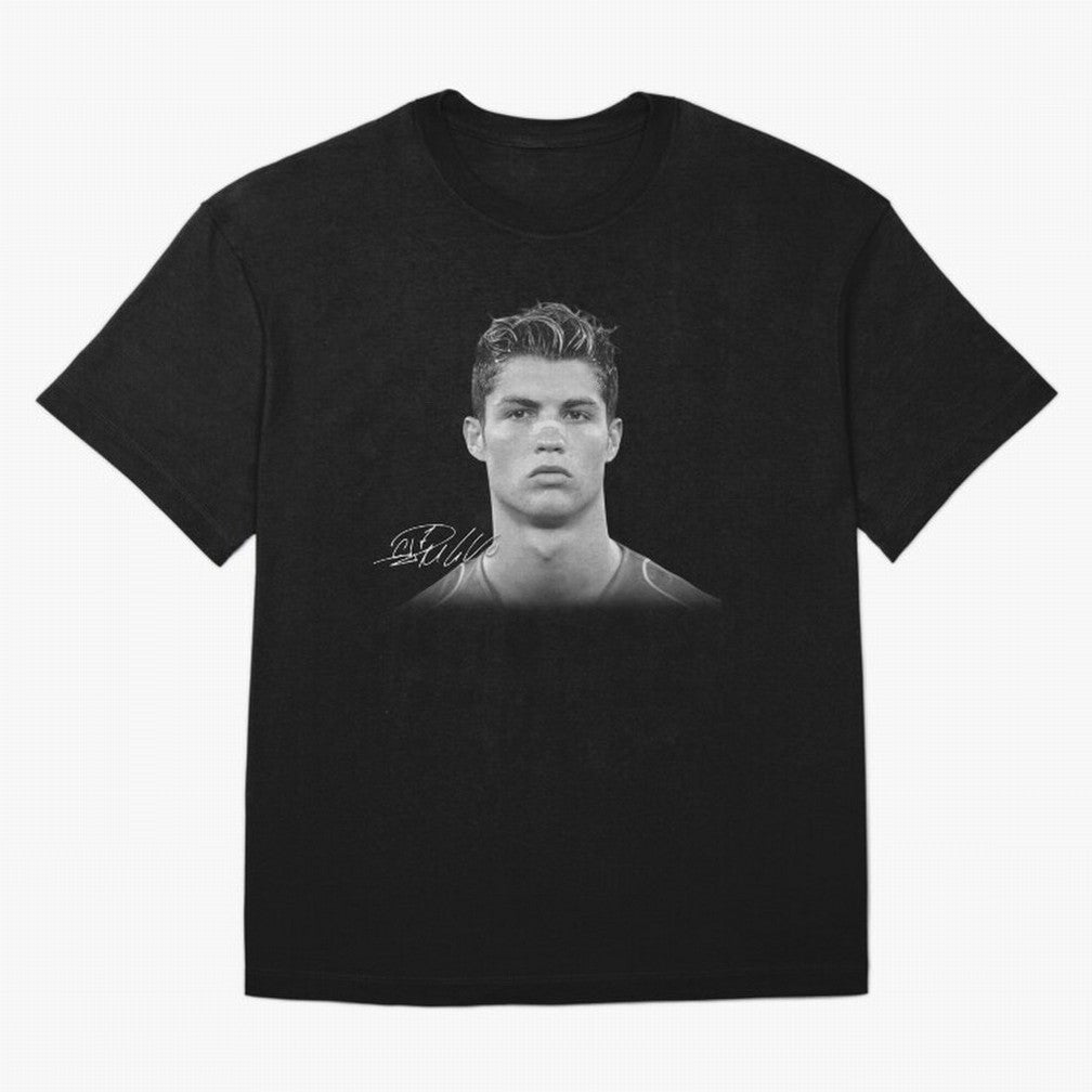 Cristiano Ronaldo T-Shirt Big Face Young Ronaldo - Black and White Oversized T-Shirt Bring Home FIFA World Cup 2026 Group Stage Spirit, Centered on Brazil, Haaland and Mbappe, Football Festival Excitement, Trophy Ambitions, Country Rivalries and