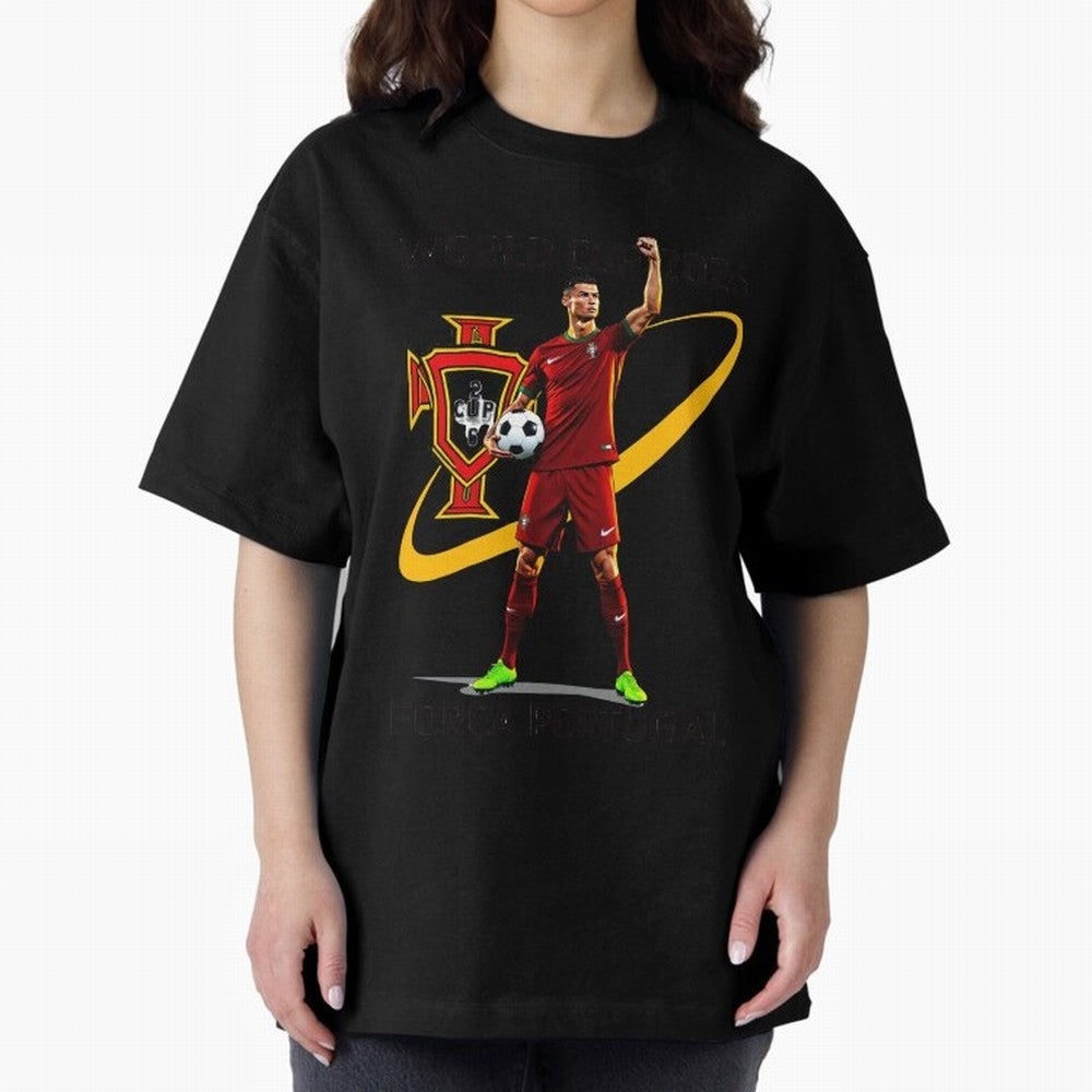 FIFA World Cup 2026 - Portugal Fan Oversized T-Shirt Join Supporters Worldwide for FIFA World Cup 2026 Group Stage Spirit, Centered on Spain, Messi, CR7 and Mbappe, Football History, Final Match Energy, Crowd Noise and Once in a Lifetime Moments;