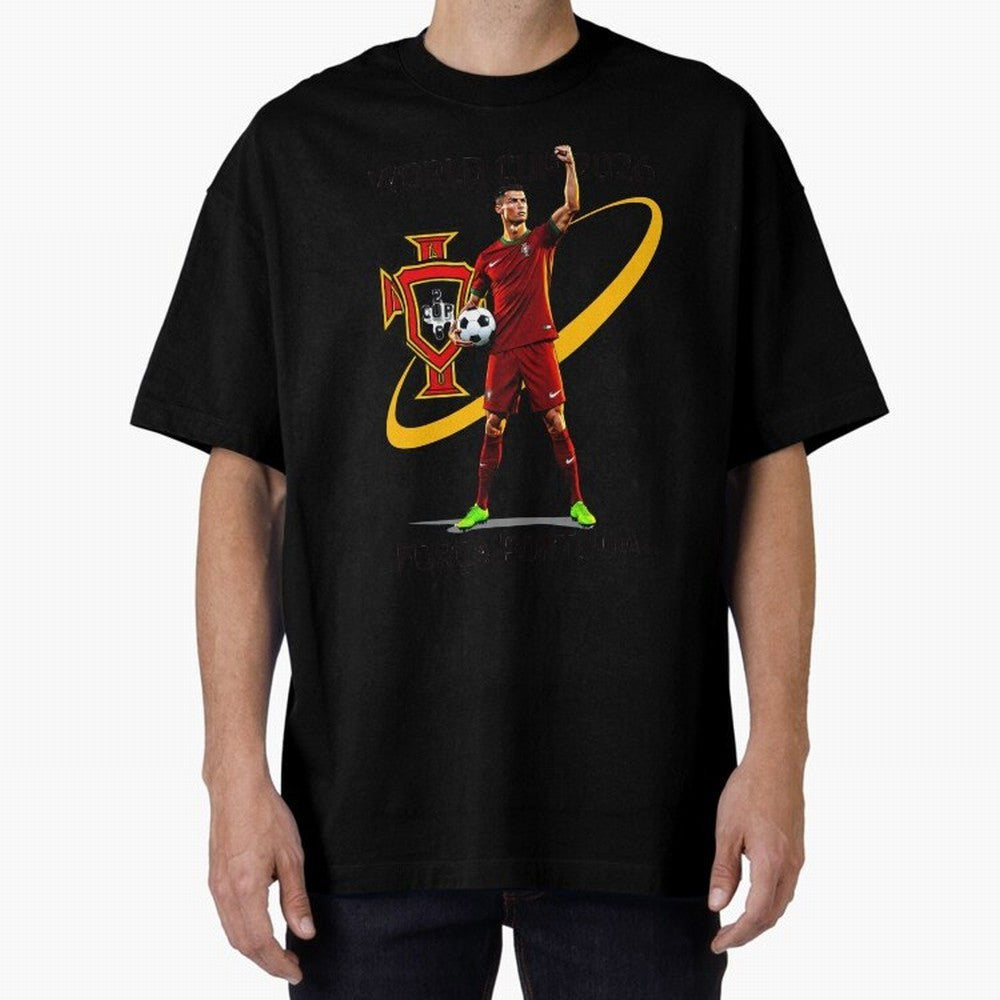 FIFA World Cup 2026 - Portugal Fan Oversized T-Shirt Join Supporters Worldwide for FIFA World Cup 2026 Group Stage Spirit, Centered on Spain, Messi, CR7 and Mbappe, Football History, Final Match Energy, Crowd Noise and Once in a Lifetime Moments;