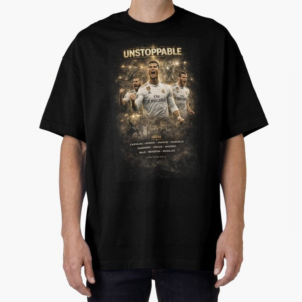 Unstoppable - Real Madrid Oversized T-Shirt Feel Global Football Passion for FIFA World Cup 2026, Driven by Haaland, Brazil, Football Passion, Legendary Performances, Festival Vibes and Supporter Community; Ideal for Football Dads, Football Moms,