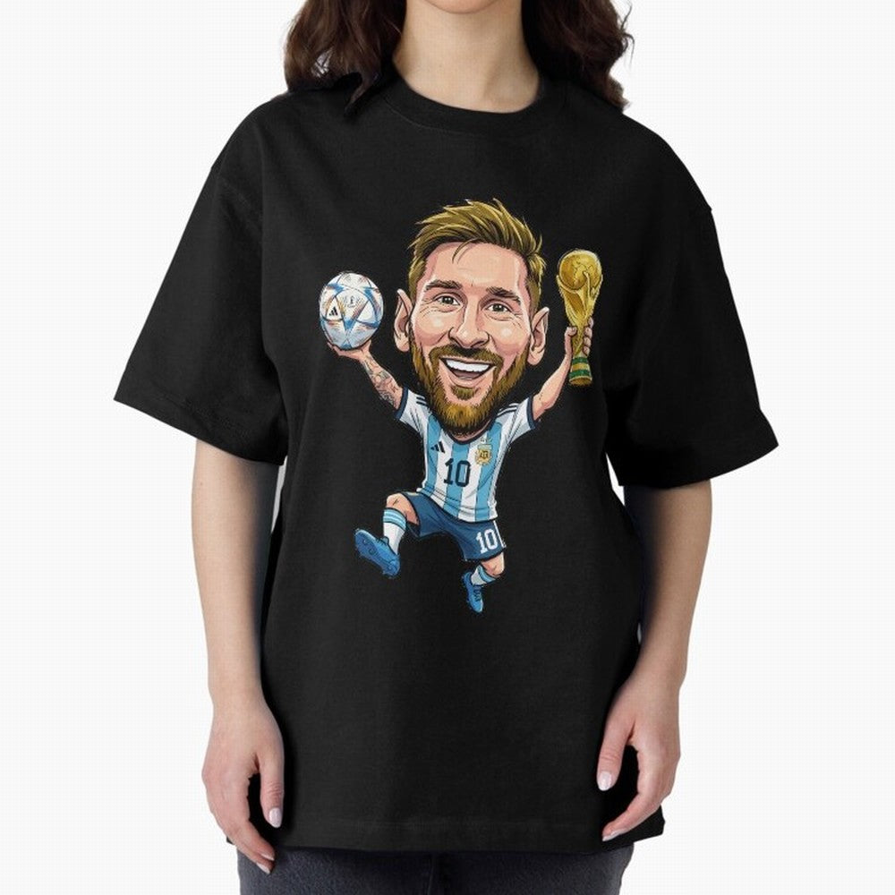 Messi Campion Caricatur Oversized T-Shirt Relive the Noise and Pride of FIFA World Cup 2026 USA Canada Mexico with Messi and Cristiano Ronaldo, Argentina Energy, Stadium Chants, National Pride, Trophy Dreams and Unforgettable Football Memories;