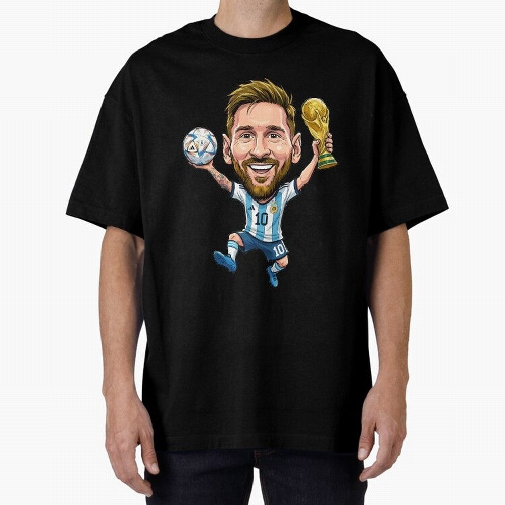 Messi Campion Caricatur Oversized T-Shirt Relive the Noise and Pride of FIFA World Cup 2026 USA Canada Mexico with Messi and Cristiano Ronaldo, Argentina Energy, Stadium Chants, National Pride, Trophy Dreams and Unforgettable Football Memories;