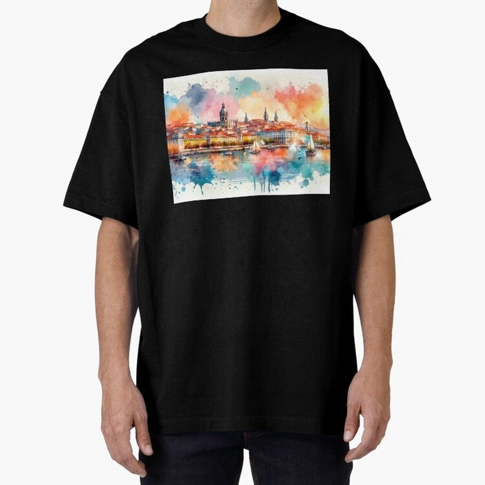 Lisbon cityscape with sailboats Oversized T-Shirt Enjoy Global Football Passion for FIFA World Cup 2026 USA Canada Mexico, Capturing Messi and Cristiano Ronaldo, Argentina, Soccer Culture, Superstar Moments, National Team Dreams and Competitive