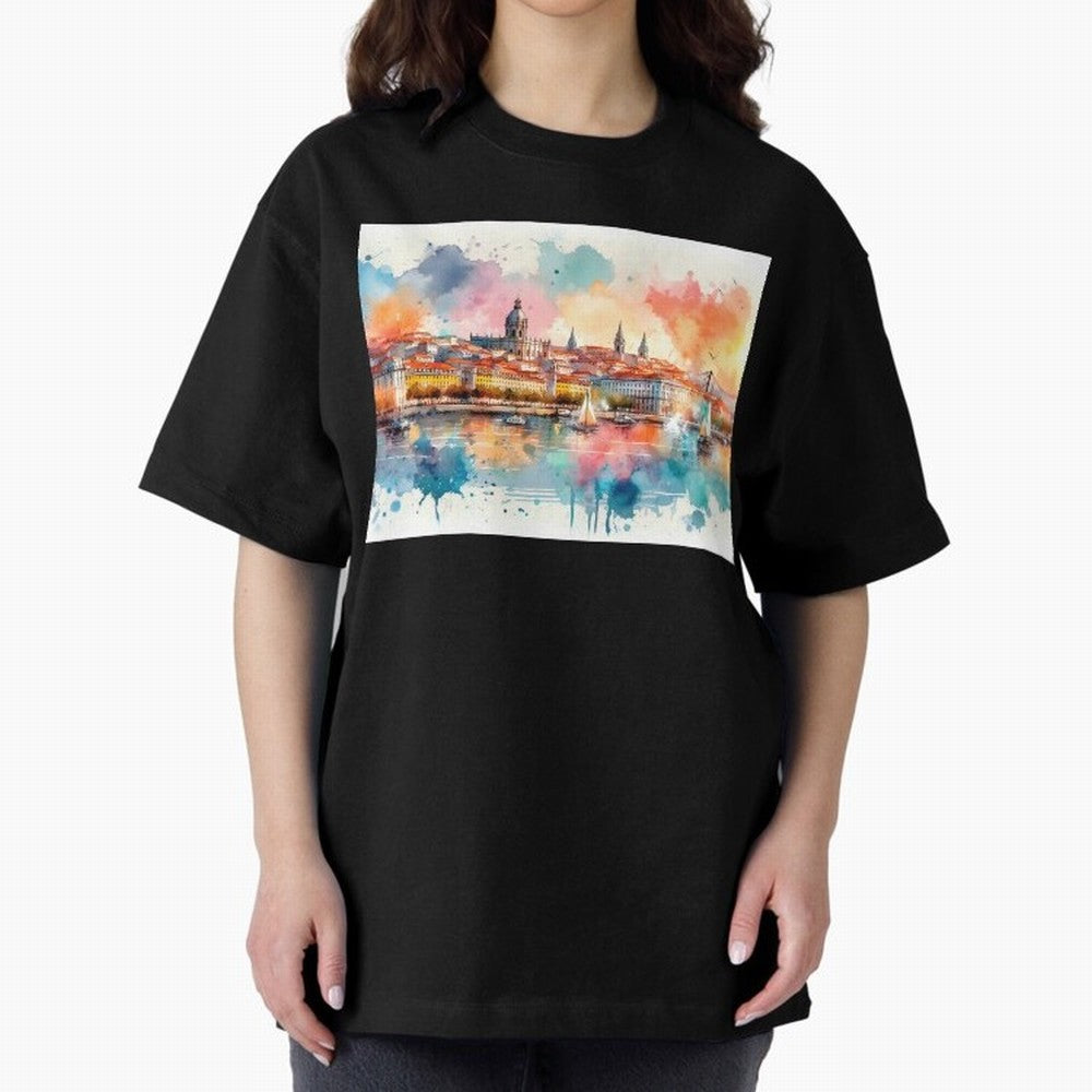 Lisbon cityscape with sailboats Oversized T-Shirt Enjoy Global Football Passion for FIFA World Cup 2026 USA Canada Mexico, Capturing Messi and Cristiano Ronaldo, Argentina, Soccer Culture, Superstar Moments, National Team Dreams and Competitive
