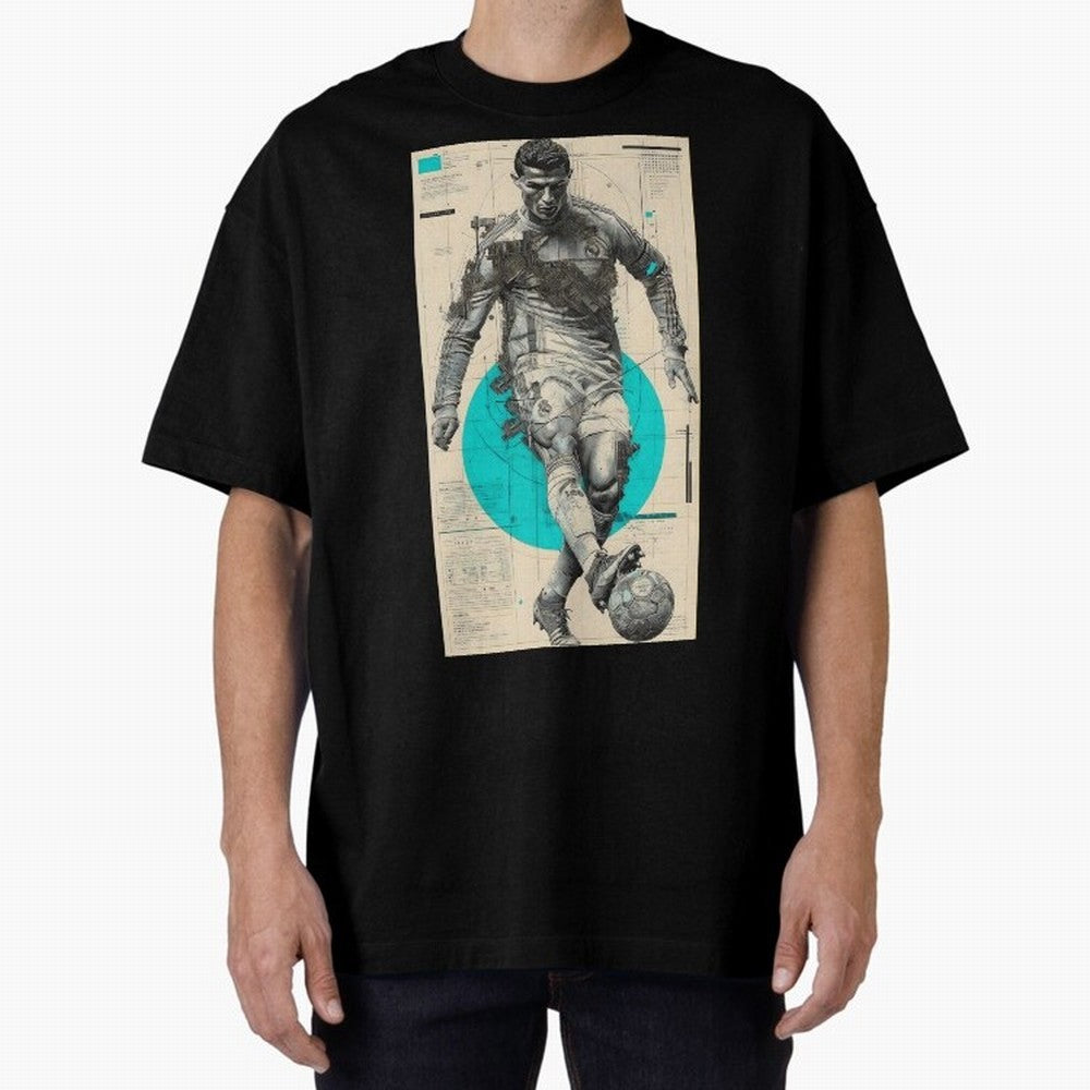 Futuristic Cristiano Ronaldo Illustration ¨C Cyber-Tech Football Art Oversized T-Shirt Support Iconic Players in the FIFA World Cup 2026 USA Canada Mexico Journey through Mbappe and Neymar Highlights, England and Germany Pride, Retro Football