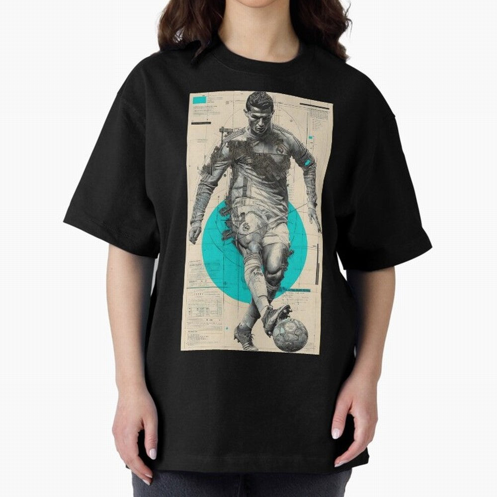 Futuristic Cristiano Ronaldo Illustration ¨C Cyber-Tech Football Art Oversized T-Shirt Support Iconic Players in the FIFA World Cup 2026 USA Canada Mexico Journey through Mbappe and Neymar Highlights, England and Germany Pride, Retro Football