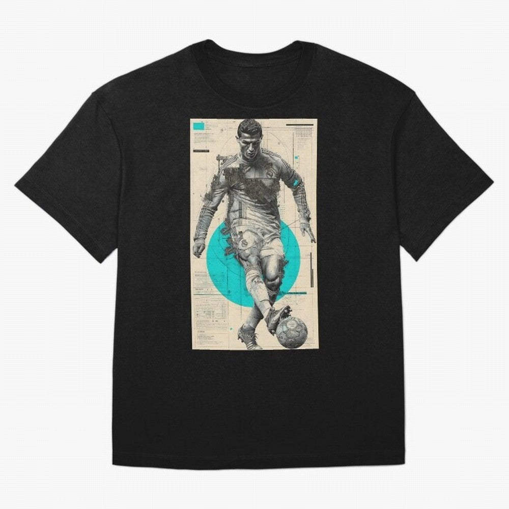 Futuristic Cristiano Ronaldo Illustration ¨C Cyber-Tech Football Art Oversized T-Shirt Support Iconic Players in the FIFA World Cup 2026 USA Canada Mexico Journey through Mbappe and Neymar Highlights, England and Germany Pride, Retro Football