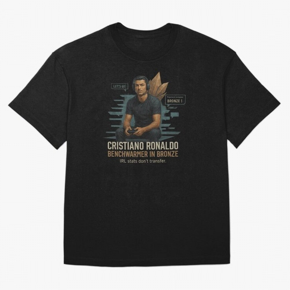 Cristiano Ronaldo Bronze Gamer ¨C Benchwarmers IRL Stats Don¡¯t Transfer Oversized T-Shirt Join FIFA World Cup 2026 USA Canada Mexico Spirit, with Germany, Messi, Football Festival Excitement, Trophy Ambitions, Country Rivalries and Star Player
