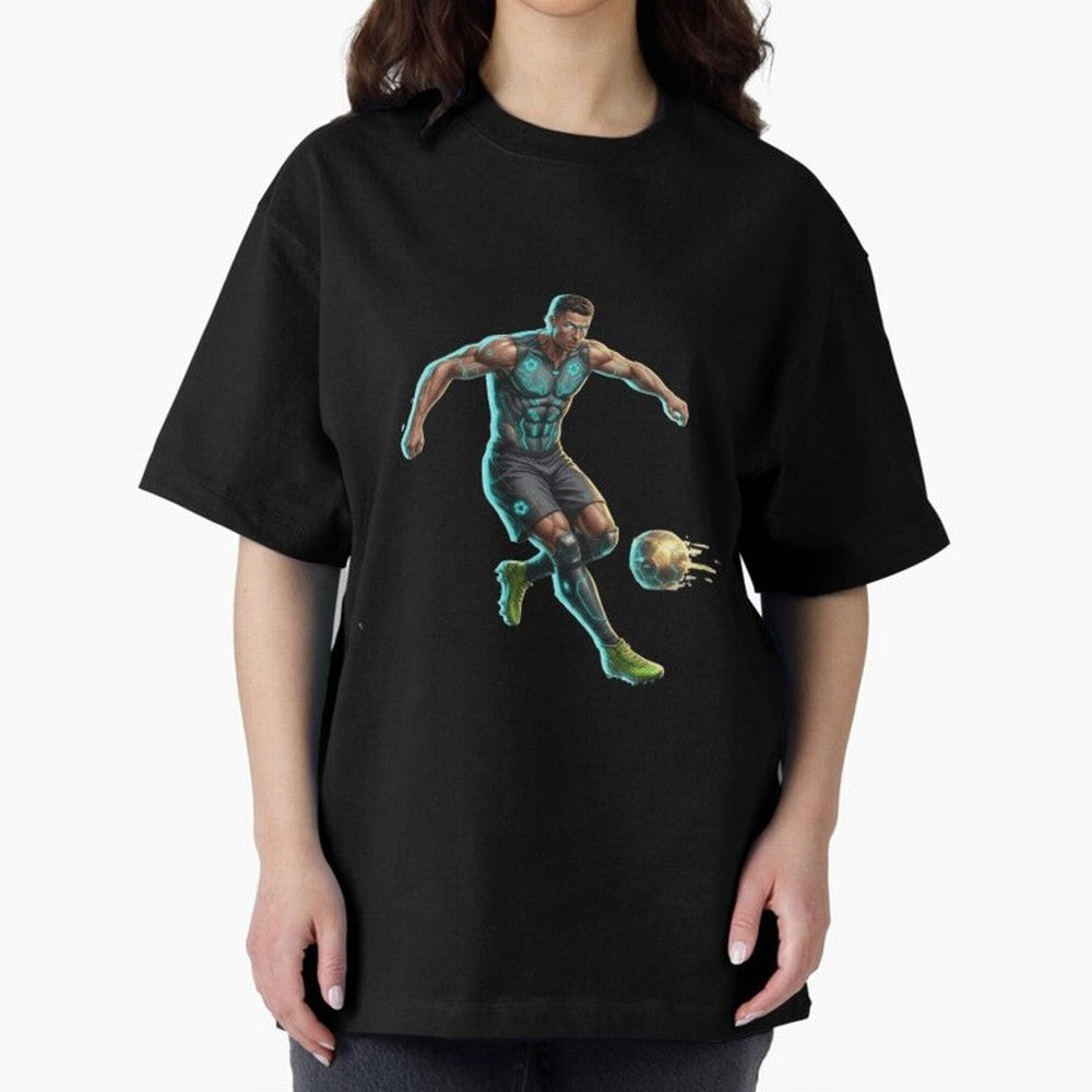 Cyberpunk Cristiano Ronaldo: Futuristic CR7 Kicking Glowing Soccer Ball Fan Art Oversized T-Shirt Capture Stadium Memories from the FIFA World Cup 2026 USA Canada Mexico Journey through Haaland and Mbappe Highlights, Germany Pride, Football