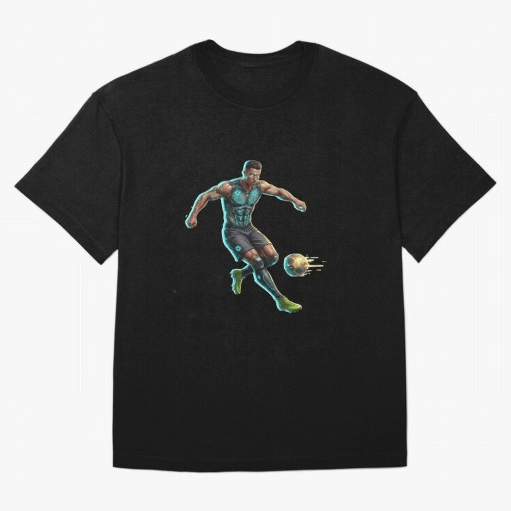 Cyberpunk Cristiano Ronaldo: Futuristic CR7 Kicking Glowing Soccer Ball Fan Art Oversized T-Shirt Capture Stadium Memories from the FIFA World Cup 2026 USA Canada Mexico Journey through Haaland and Mbappe Highlights, Germany Pride, Football