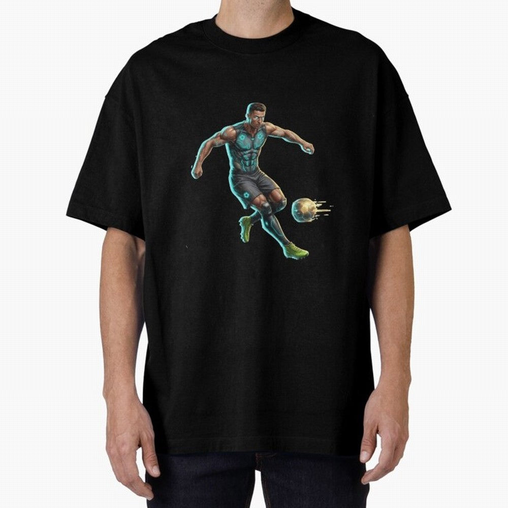 Cyberpunk Cristiano Ronaldo: Futuristic CR7 Kicking Glowing Soccer Ball Fan Art Oversized T-Shirt Capture Stadium Memories from the FIFA World Cup 2026 USA Canada Mexico Journey through Haaland and Mbappe Highlights, Germany Pride, Football