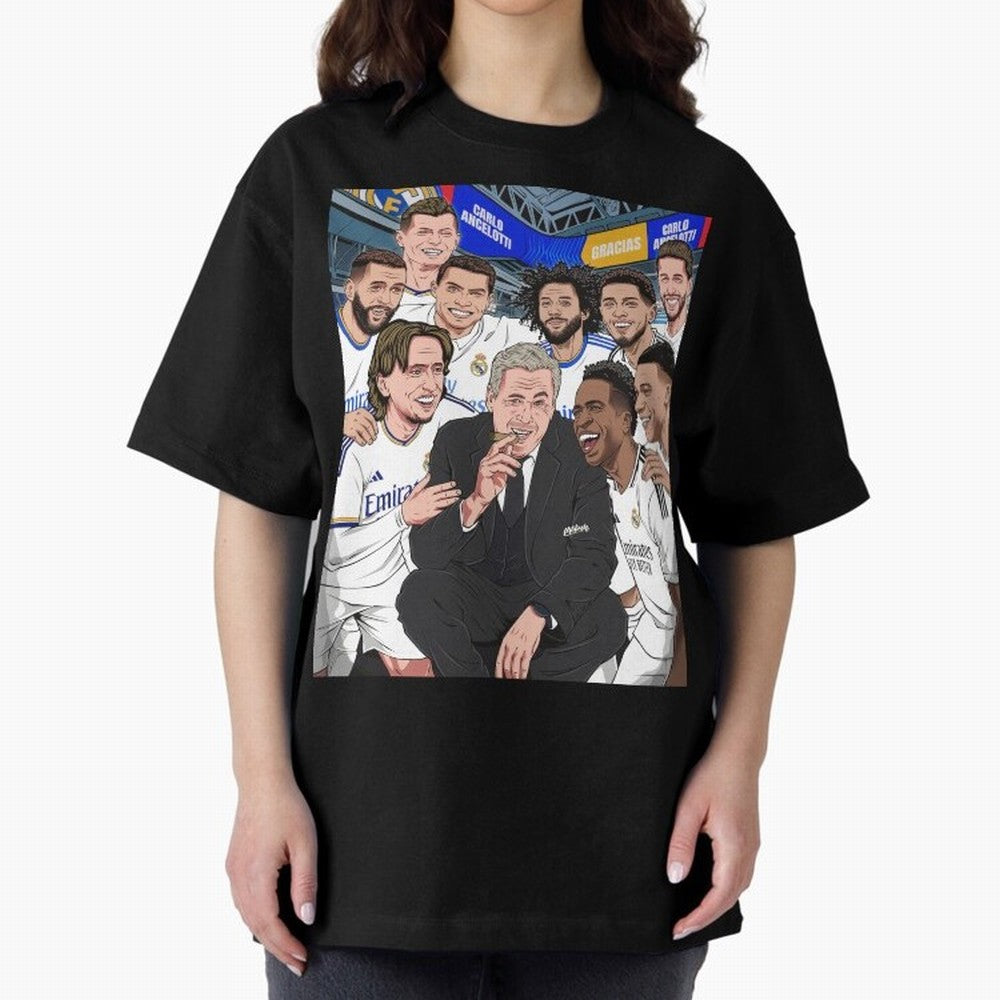 Carlo Ancelotti and Real Madrid Players Oversized T-Shirt Honor Football Greatness during FIFA World Cup 2026 Group Stage for Fans of Mbappe and Neymar and Germany, Bringing Stadium Chants, National Pride, Trophy Dreams and Unforgettable Football