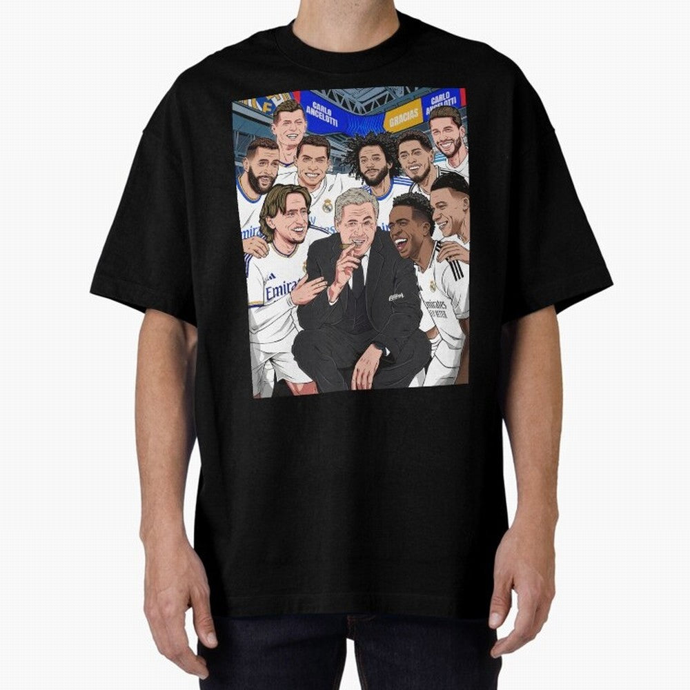 Carlo Ancelotti and Real Madrid Players Oversized T-Shirt Honor Football Greatness during FIFA World Cup 2026 Group Stage for Fans of Mbappe and Neymar and Germany, Bringing Stadium Chants, National Pride, Trophy Dreams and Unforgettable Football