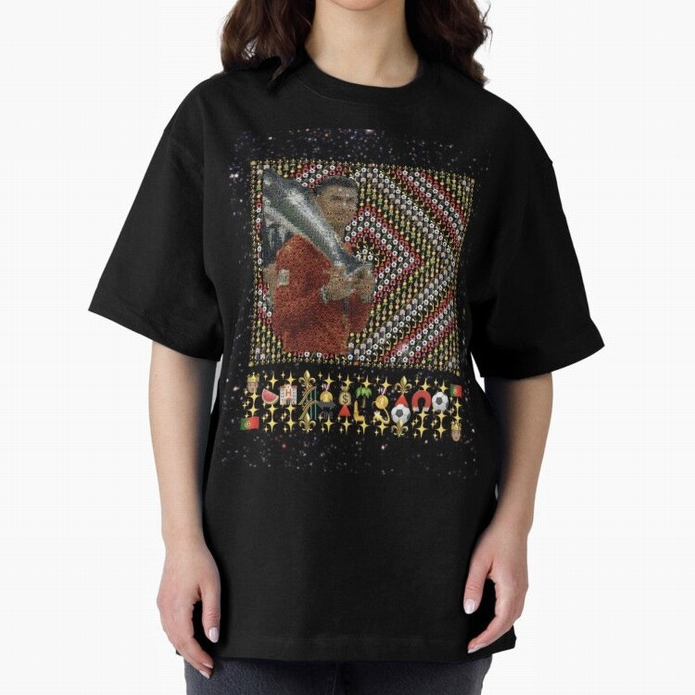Iconic Emojified Football Legend Holding Victory Trophy | Inspired Art Oversized T-Shirt Celebrate Soccer Greatness during Match Day Hype around FIFA World Cup 2026 USA Canada Mexico, Messi and Cristiano Ronaldo, Argentina, Sports Nostalgia,
