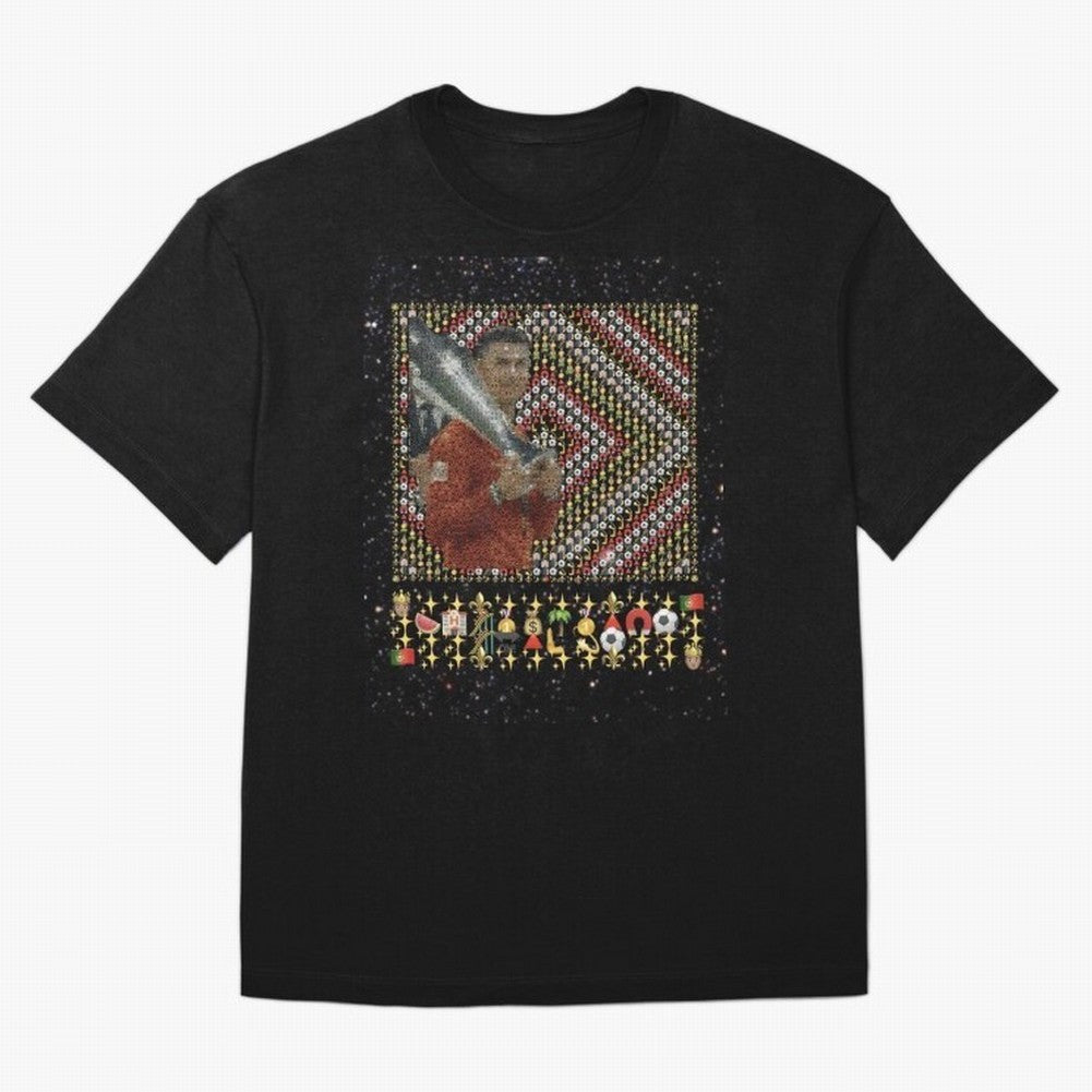 Iconic Emojified Football Legend Holding Victory Trophy | Inspired Art Oversized T-Shirt Celebrate Soccer Greatness during Match Day Hype around FIFA World Cup 2026 USA Canada Mexico, Messi and Cristiano Ronaldo, Argentina, Sports Nostalgia,