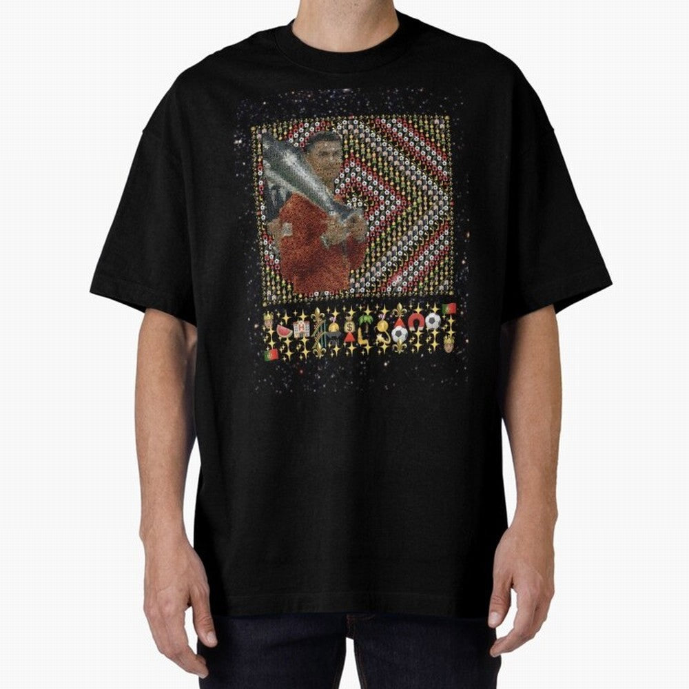 Iconic Emojified Football Legend Holding Victory Trophy | Inspired Art Oversized T-Shirt Celebrate Soccer Greatness during Match Day Hype around FIFA World Cup 2026 USA Canada Mexico, Messi and Cristiano Ronaldo, Argentina, Sports Nostalgia,