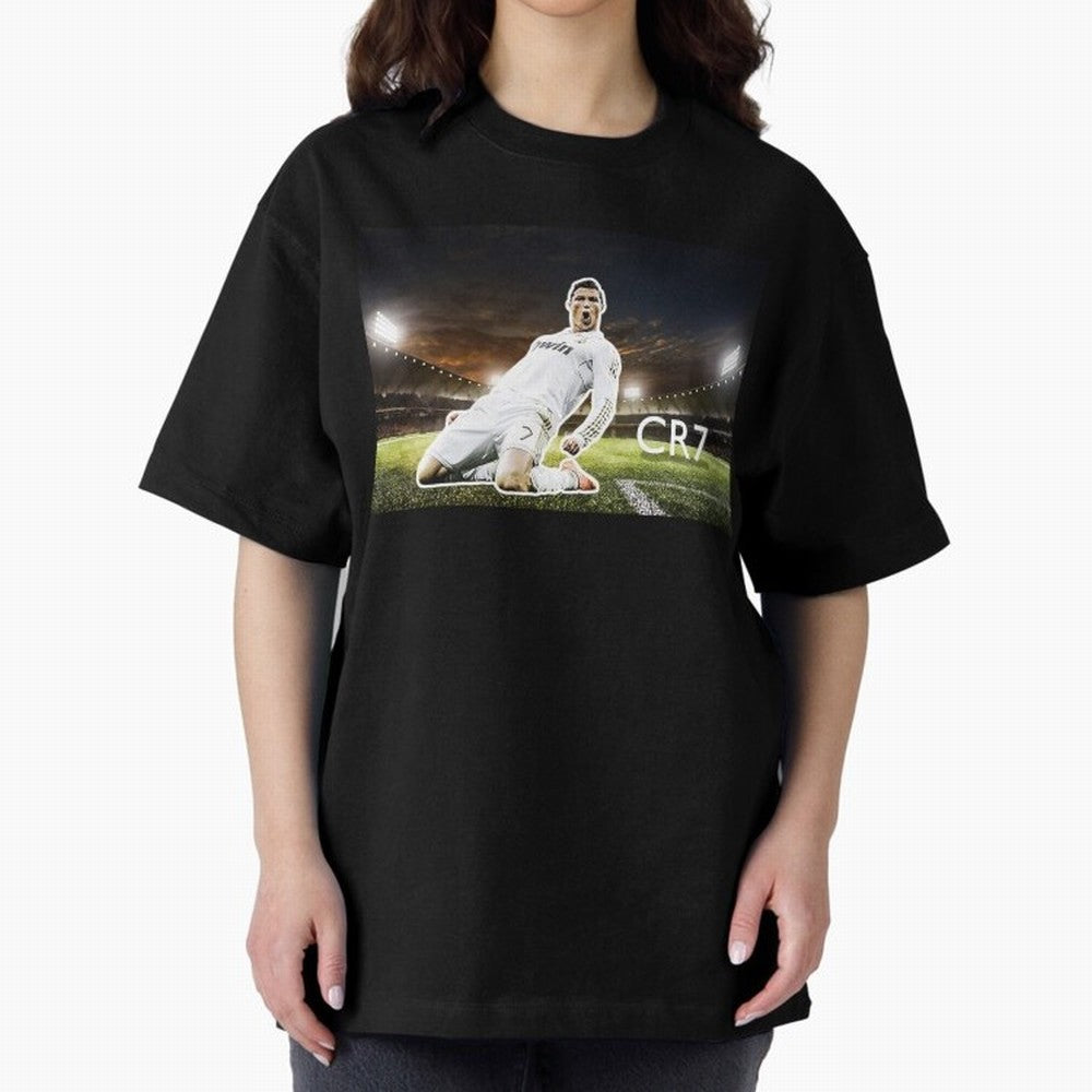 Cristiano Ronaldo Celebration Scene Oversized T-Shirt Make Game Day About Global Football Passion for FIFA World Cup 2026, Centered on Messi, CR7 and Mbappe, Argentina, France and Brazil, Championship Spirit, Famous Goals, Roaring Crowds and