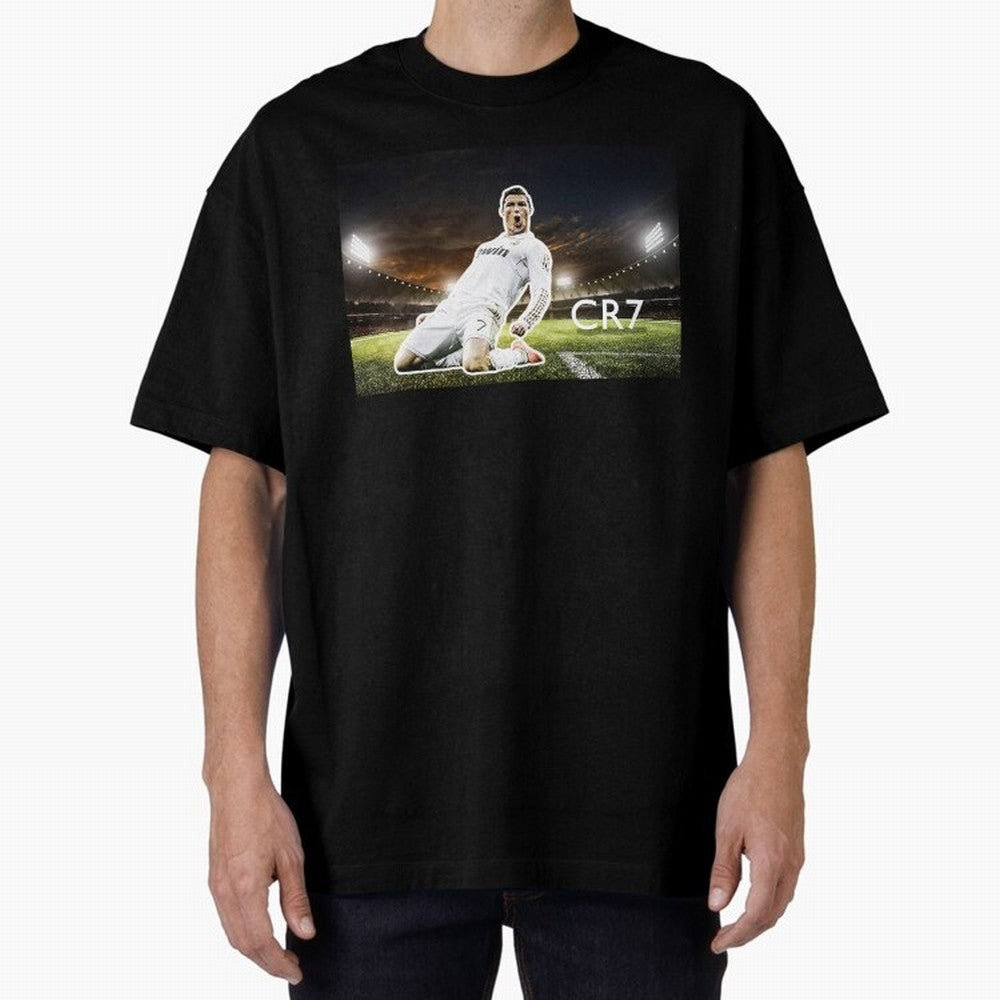 Cristiano Ronaldo Celebration Scene Oversized T-Shirt Make Game Day About Global Football Passion for FIFA World Cup 2026, Centered on Messi, CR7 and Mbappe, Argentina, France and Brazil, Championship Spirit, Famous Goals, Roaring Crowds and