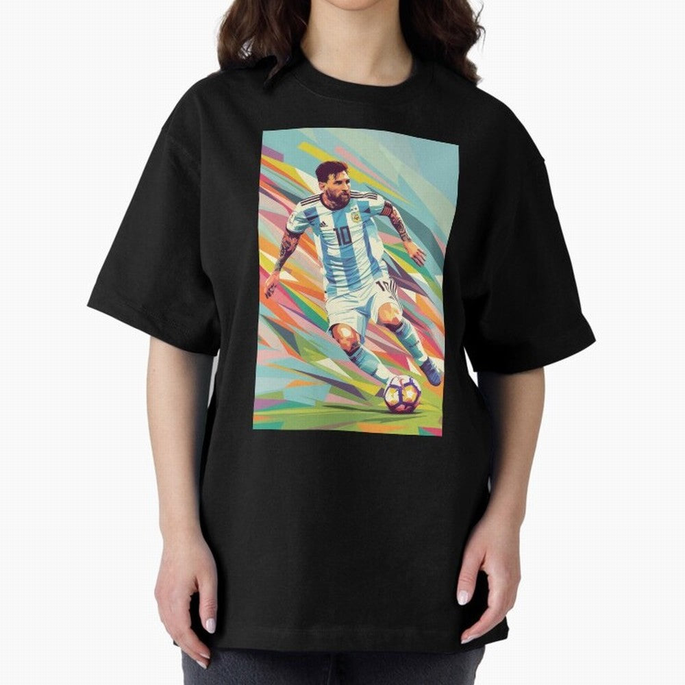 Messi in action Graphic poster design Oversized T-Shirt Mark FIFA World Cup 2026 USA Canada Mexico Spirit, Driven by Argentina, Messi, Neymar and Mbappe, Game Day Rituals, Football Legends, Country Pride and the Road to the Final; Perfect for