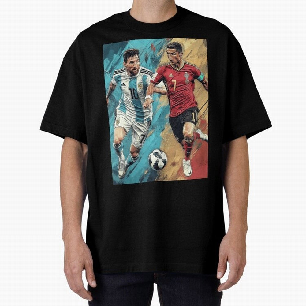 Lionel Messi and Cristiano Ronaldo Oversized T-Shirt Celebrate Every Goal in Global Football Passion for FIFA World Cup 2026 USA Canada Mexico, Inspired by Neymar, Haaland and Cristiano Ronaldo, France, Football History, Final Match Energy, Crowd
