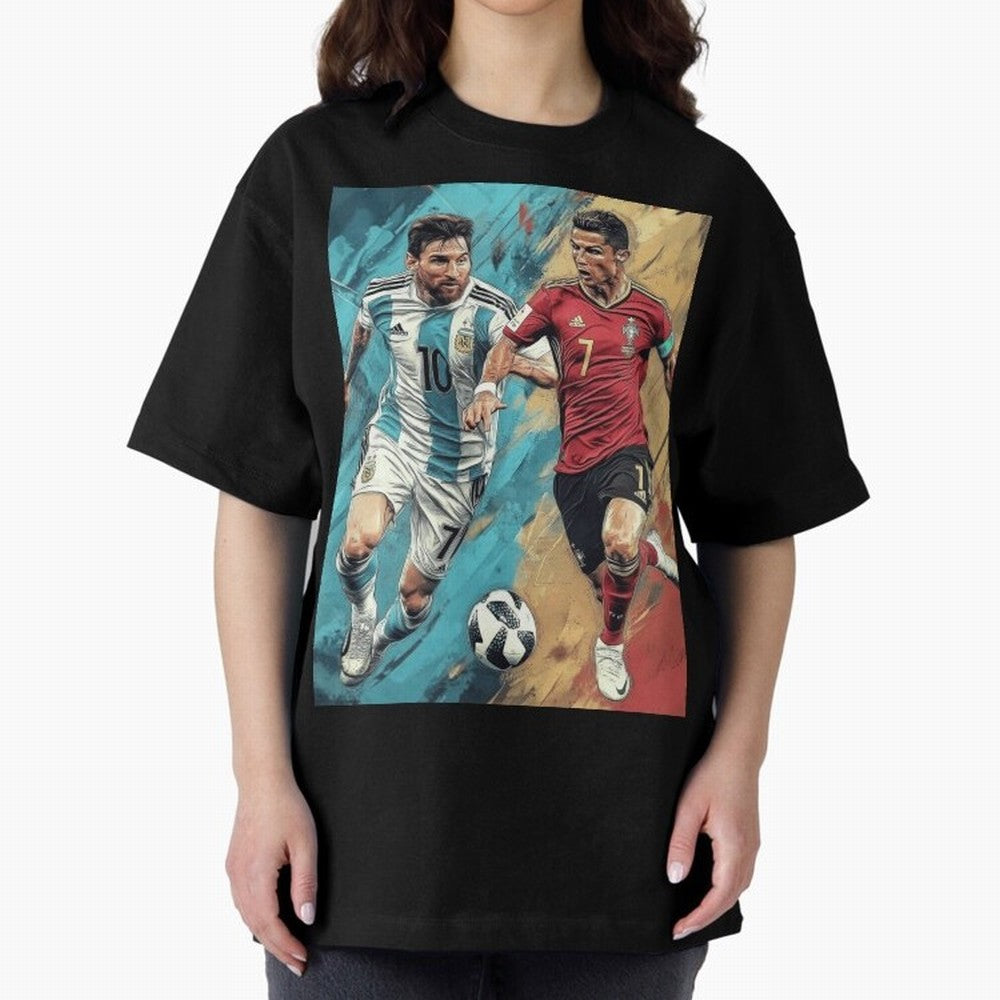 Lionel Messi and Cristiano Ronaldo Oversized T-Shirt Celebrate Every Goal in Global Football Passion for FIFA World Cup 2026 USA Canada Mexico, Inspired by Neymar, Haaland and Cristiano Ronaldo, France, Football History, Final Match Energy, Crowd