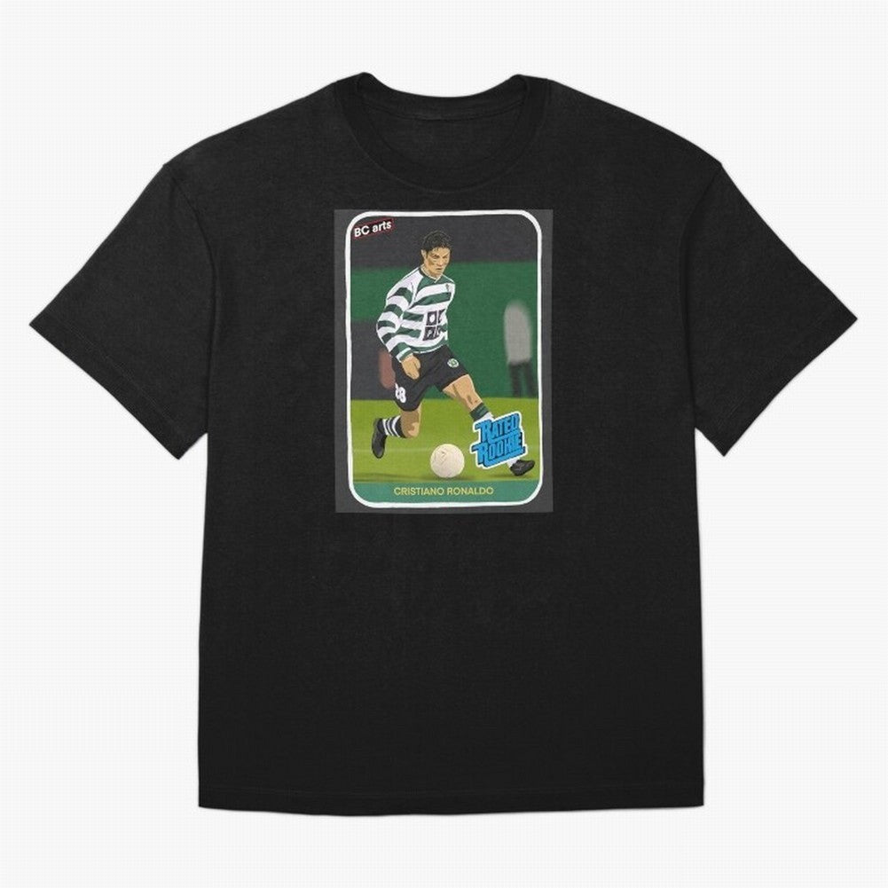 Sporting Lisbon Cristiano Ronaldo Rookie Card Artwork Oversized T-Shirt Keep the Match Day Mood of Global Football Passion for FIFA World Cup 2026 Group Stage, Built around Messi, Neymar and Mbappe, England and Germany, Goal Celebration Energy,
