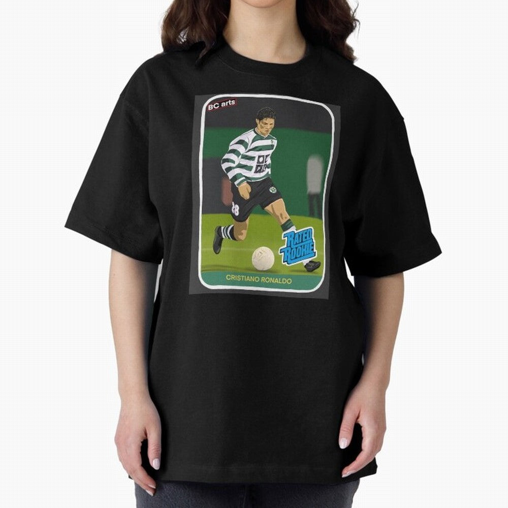 Sporting Lisbon Cristiano Ronaldo Rookie Card Artwork Oversized T-Shirt Keep the Match Day Mood of Global Football Passion for FIFA World Cup 2026 Group Stage, Built around Messi, Neymar and Mbappe, England and Germany, Goal Celebration Energy,